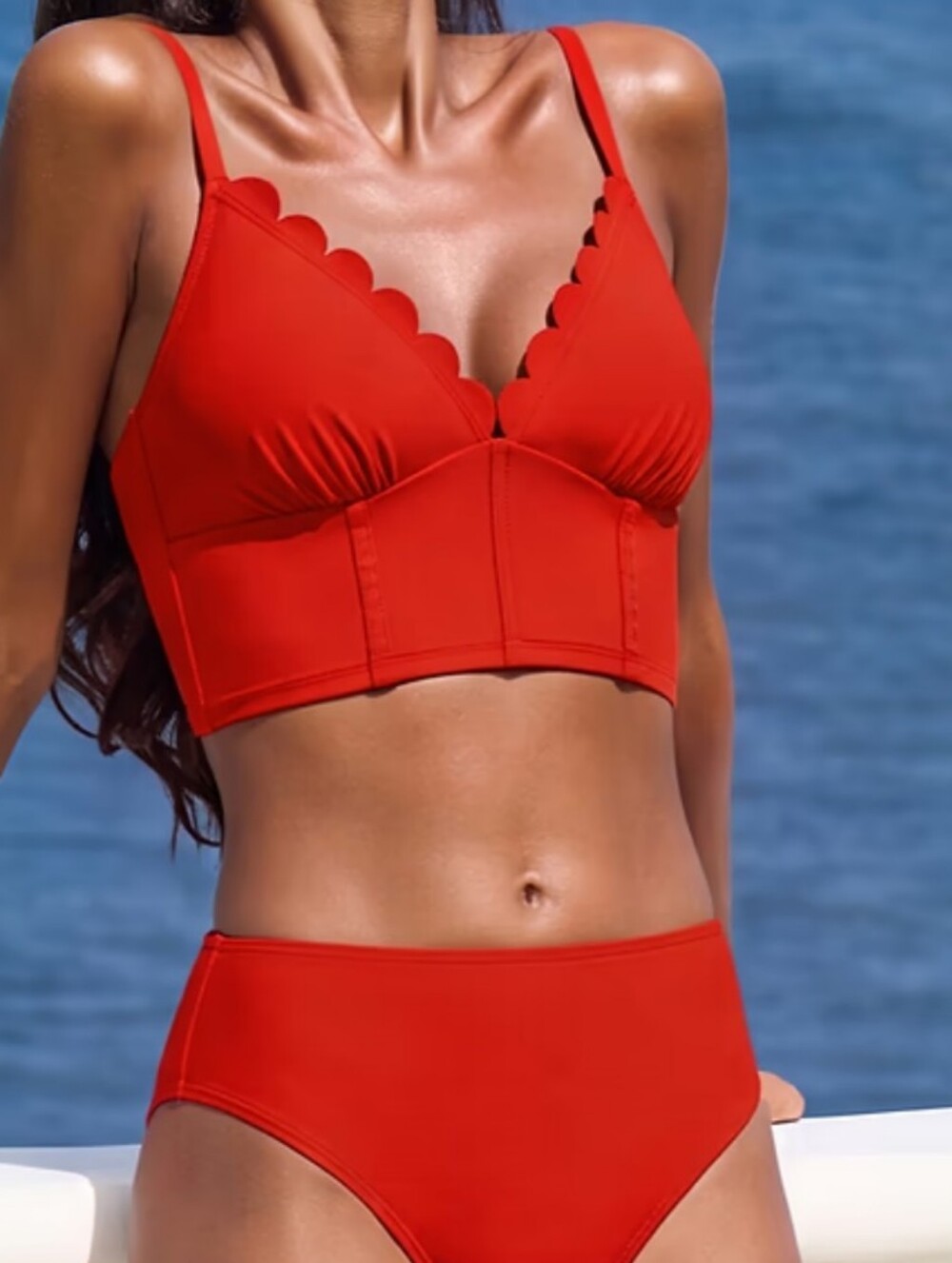 Cupshe Red Scallop Longline Bikini Top and High Waist Bottom - Women Swim